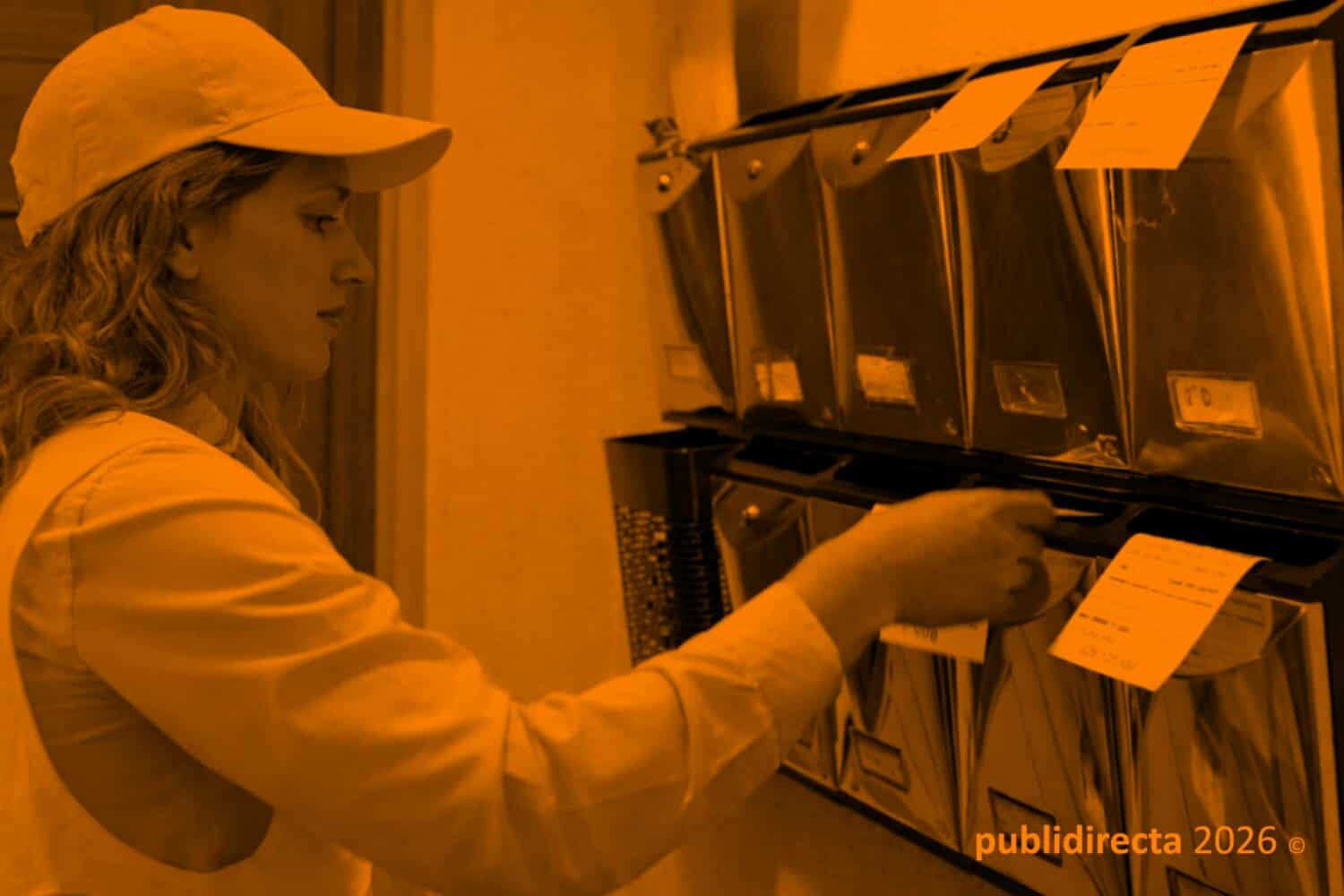 Repartidor de Publidirecta introduciendo folletos en una batería de buzones en un edificio para buzoneo en Barcelona.
