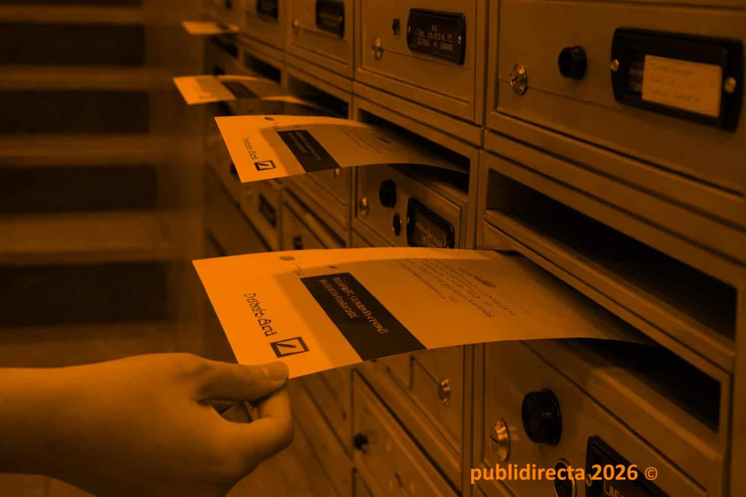 Repartidor de Publidirecta introduciendo folletos en una batería de buzones en un edificio para buzoneo en Barcelona.
